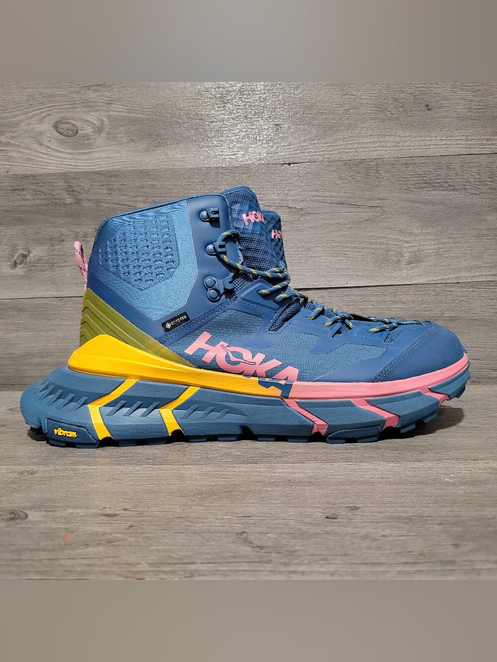 HOKA TenNine Hike GTX mens size 13 D blue orange pink hiking shoes